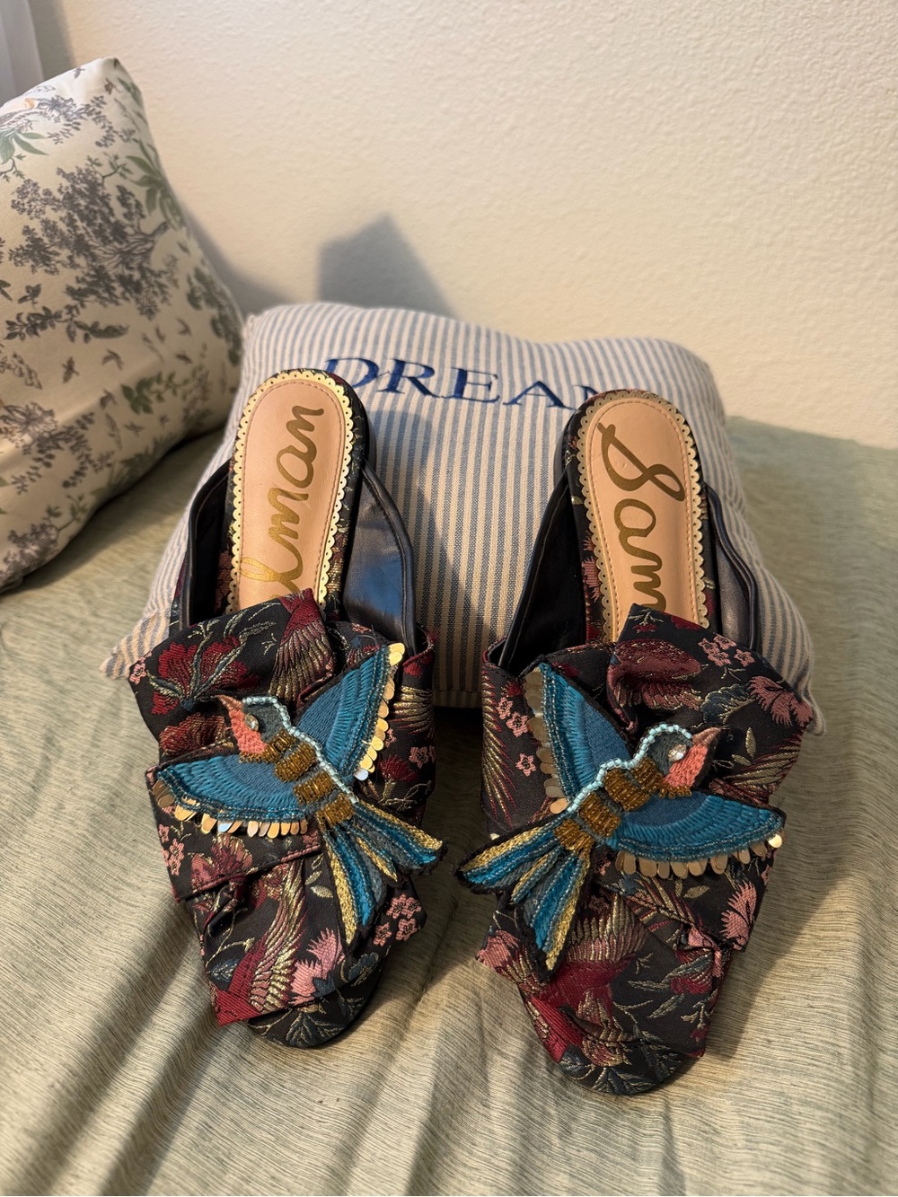 Sam Edelman Black Floral Slip-On Mules with Blue Embroidered Bird